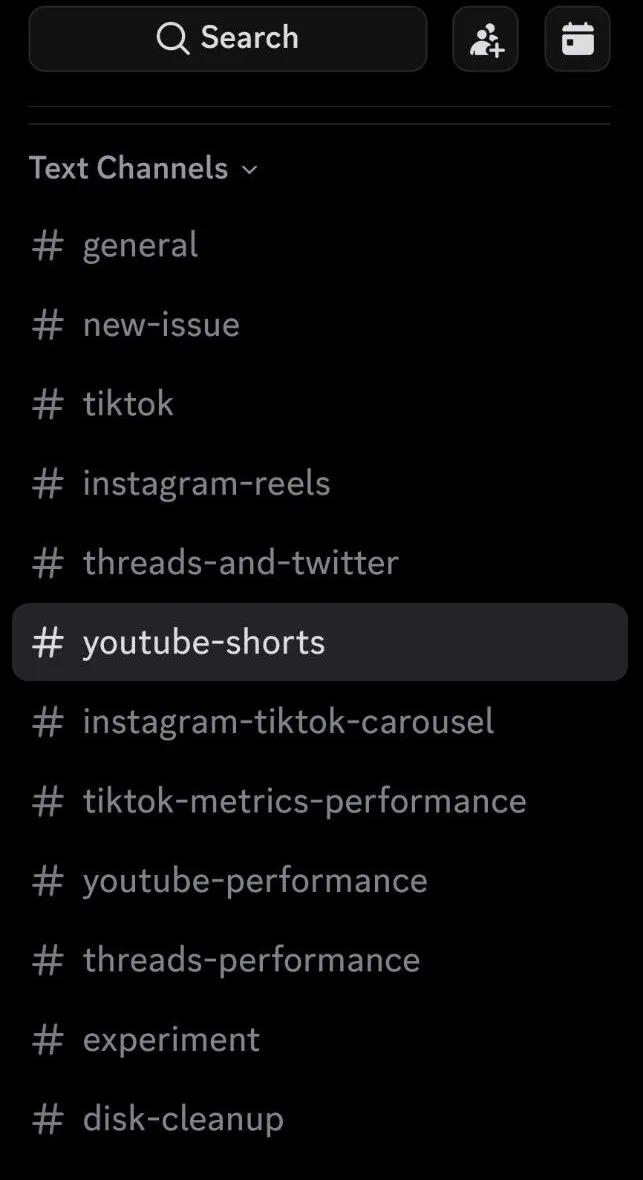 Discord server with one channel per platform, plus channels for tracking performance
