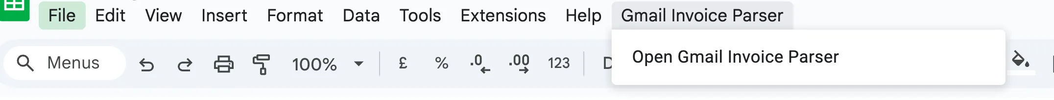 gmail invoice parser menu