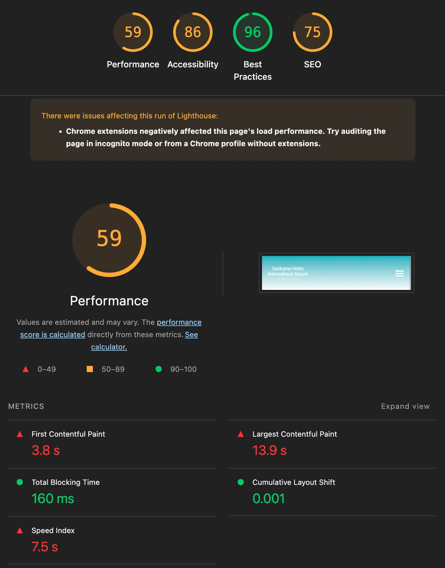 mobile benchmark result for injourney cgk website using Lighthouse